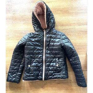Michael Kors Girls Puffer Jacket With Hood/ Pink Faux Lined Black Girls Size 7/8